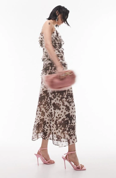 Shop Topshop Animal Print Ruffle Chiffon Midi Dress In Beige Multi