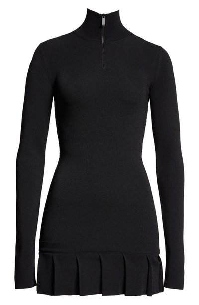 Shop Off-white Front Zip Long Sleeve Pleated Hem Rib Dress In Black