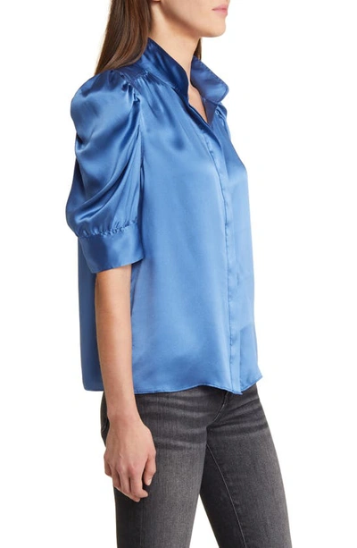 Shop Frame Gillian Three-quarter Sleeve Silk Button-up Shirt In Slate Blue
