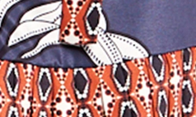 Shop Ciebon Edda Pleated Tie Neck Long Sleeve Satin Minidress In Navy Multi