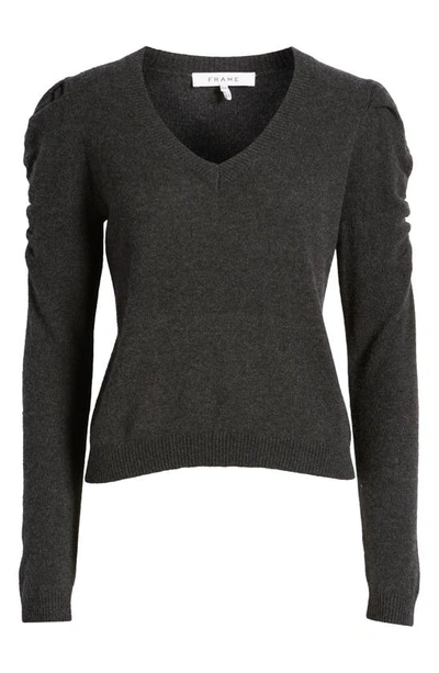 Shop Frame Ruched Sleeve Cashmere Sweater In Charcoal Heather