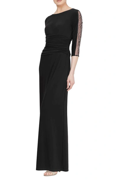 Sl Fashions Plus Size Embellished-sleeve Ruched Gown In Black