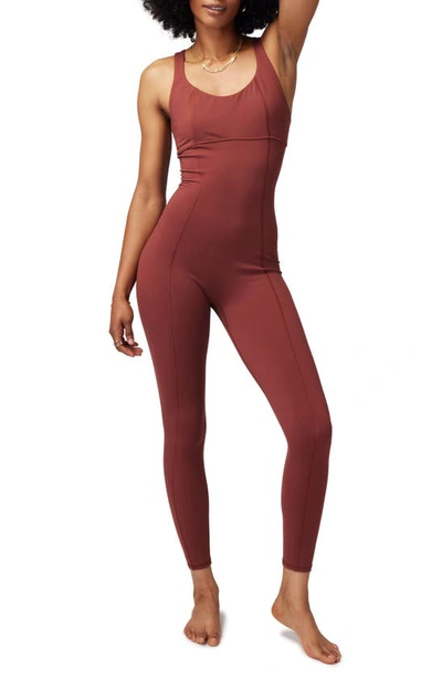 Shop Spiritual Gangster Flaunt Fitted Dream Tech Jersey Jumpsuit In Washed Burgundy