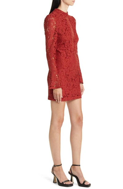 Shop Bebe Open Back Long Sleeve Lace Minidress In Merlot