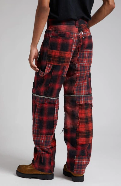 Shop Givenchy Zip Off Convertible Distressed Plaid Carpenter Jeans In Black/ Red