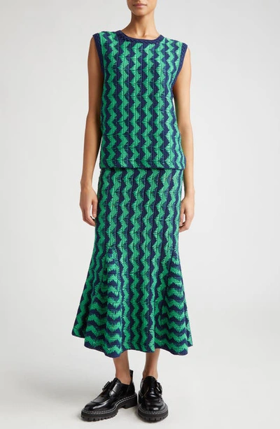 Shop Wales Bonner Ocean Knit Midi Skirt In Green And Navy