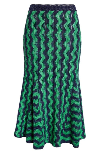 Shop Wales Bonner Ocean Knit Midi Skirt In Green And Navy