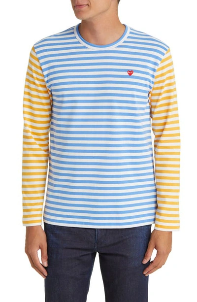 Shop Comme Des Garçons Play Small Heart Stripe Colorblock Long Sleeve T-shirt In Blue/ Yellow