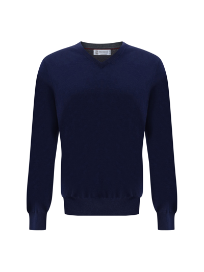 Brunello Cucinelli Men Ultrafine Virgin Wool Sweater In Blue
