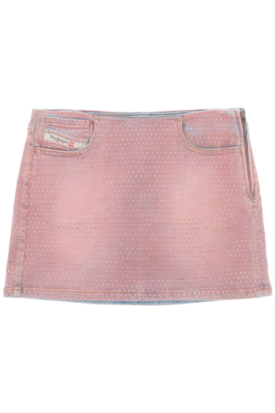 Shop Diesel De-pra-mini-fsd1 Denim Mini Skirt With Rhinestones In Denim (pink)