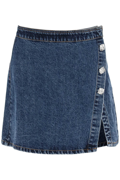 Shop Self-portrait Denim Mini Skirt With Diamanté Buttons In Blue (blue)