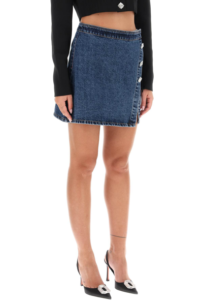 Shop Self-portrait Denim Mini Skirt With Diamanté Buttons In Blue (blue)