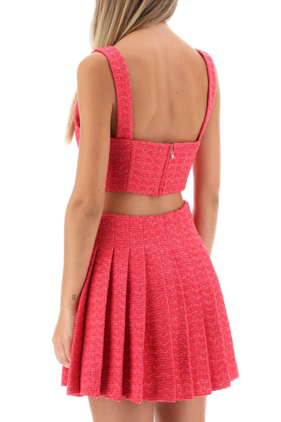 Shop Self-portrait Boucle Tweed Cropped Top With Diamanté Buttons In Pink (fuchsia)