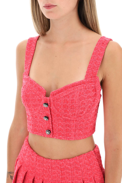 Shop Self-portrait Boucle Tweed Cropped Top With Diamanté Buttons In Pink (fuchsia)