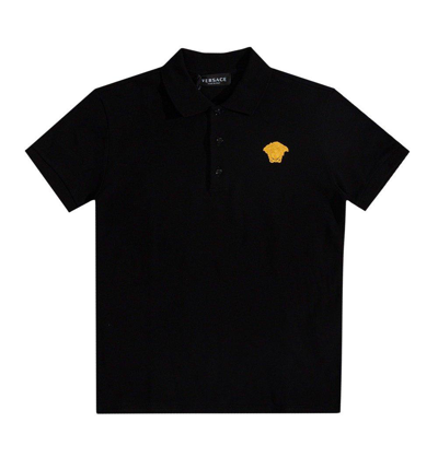 Shop Young Versace Medusa Logo Embroidered Short-sleeved Polo Shirt In Black/gold
