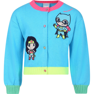 Shop Billieblush Light Blue Cardigan For Girl With Wonder Woman And Batgirl
