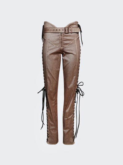 Shop Jean Paul Gaultier X Knwls Laced Trousers In Ecru And Brown