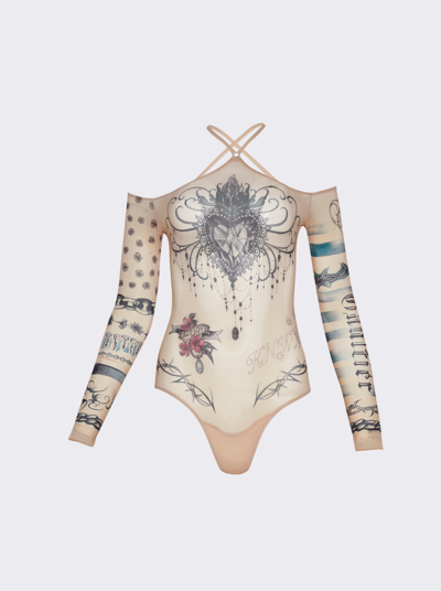 Shop Jean Paul Gaultier X Knwls Trompe L'oeil Tattoo Cut-out Bodysuit In Beige