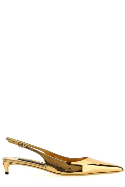 Shop Dolce & Gabbana Dg Logo Detailed Pointed Toe Slingbacks In Gold