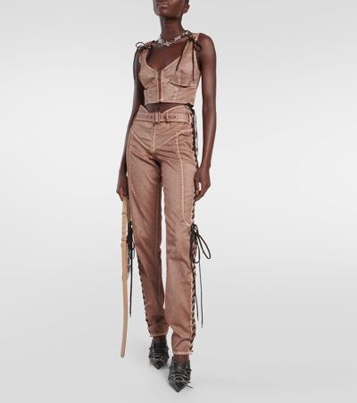 Shop Jean Paul Gaultier X Knwls Cropped Denim Corset Top In Brown