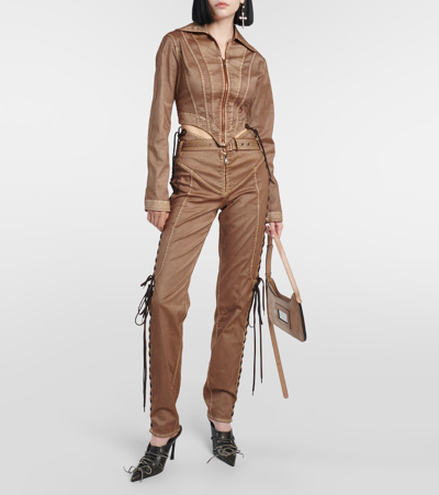 Shop Jean Paul Gaultier X Knwls Cropped Denim Corset Jacket In Brown