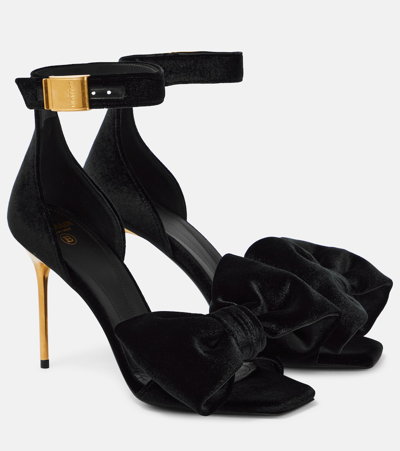 Shop Balmain Velvet Bow-detail Sandals In Black