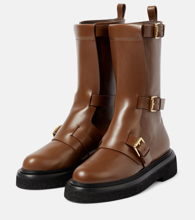 Shop Max Mara Bucklesboot Leather Ankle Boots In Brown