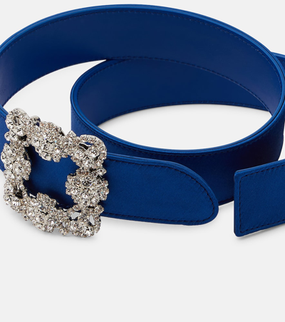 Shop Manolo Blahnik Hangisi Crystal-embellished Satin Belt In Blue