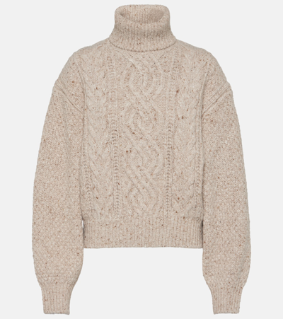 Shop Loro Piana Cable-knit Wool And Cashmere Turtleneck Sweater In Beige