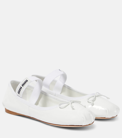 Shop Miu Miu Logo Patent Leather Ballet Flats In White