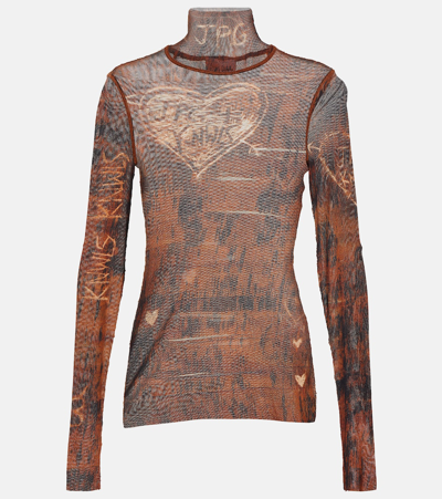 Shop Jean Paul Gaultier X Knwls Printed Mesh High-neck Top In Brown