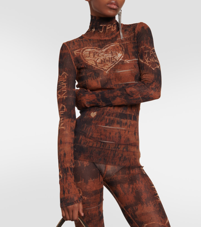 Shop Jean Paul Gaultier X Knwls Printed Mesh High-neck Top In Brown
