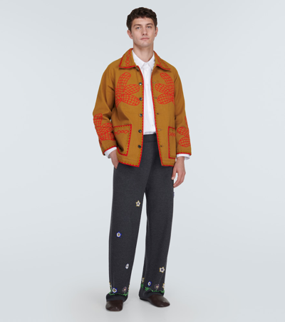 Bode Field Maple Embroidered Cotton Coat In Brown