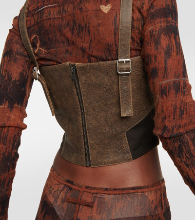 Shop Jean Paul Gaultier X Knwls Cutout Leather Bustier In Brown