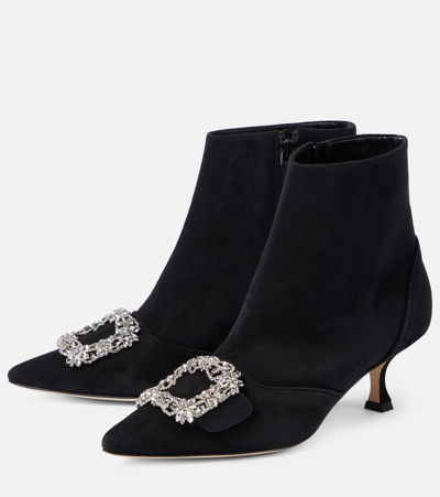 Shop Manolo Blahnik Baylow Embellished Suede Ankle Boots In Black
