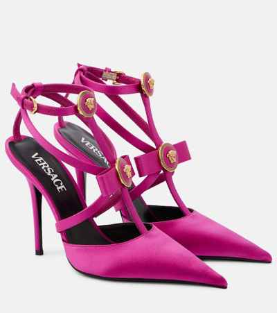 Shop Versace Gianni Bow-detail Satin Pumps In Pink