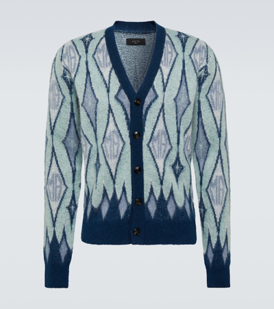 Shop Amiri Argyle Mohair-blend Cardigan In Blue