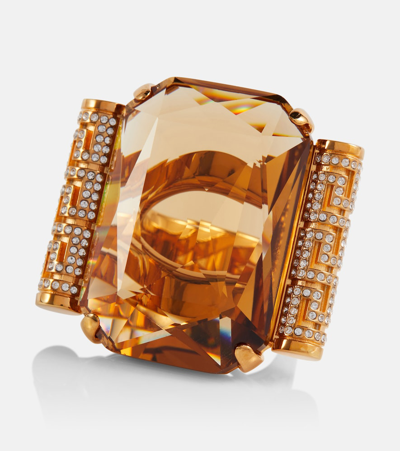 Shop Versace Greca Crystal-embellished Ring In Gold