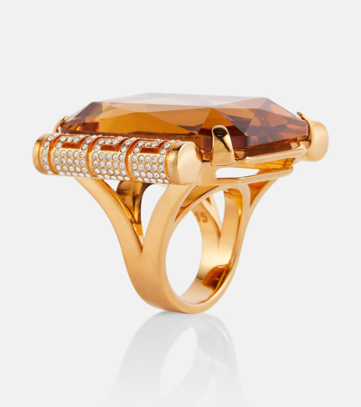Shop Versace Greca Crystal-embellished Ring In Gold