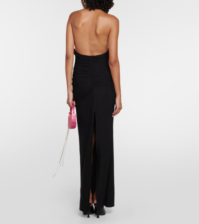 Shop Magda Butrym Floral-appliqué Ruched Jersey Gown In Black
