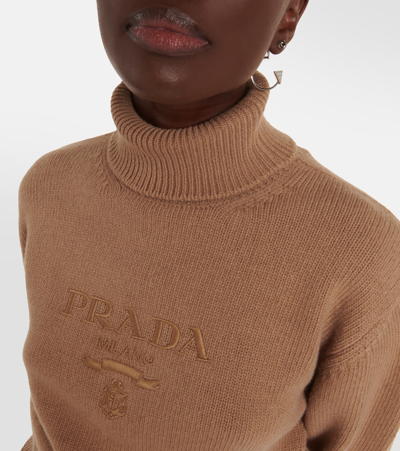Prada Logo Wool And Cashmere Turtleneck Sweater In Brown