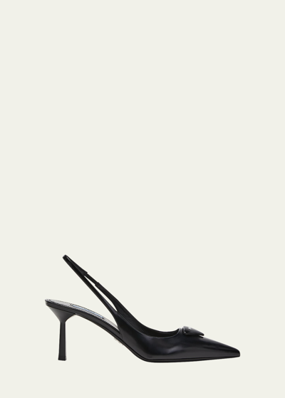 Prada Leather Pumps Glossy Finish Kitten Heel Pointed Toe In Nero