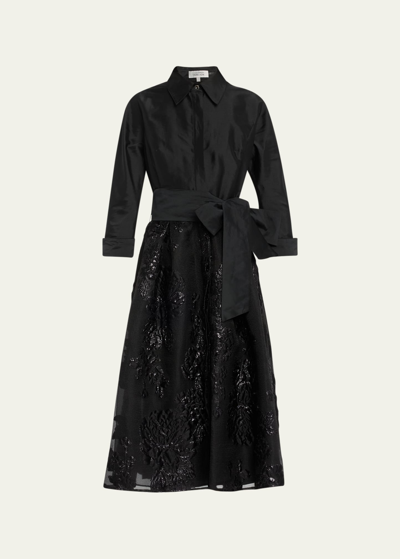 Shop Rickie Freeman For Teri Jon Organza Jacquard & Taffeta Midi Shirtdress In Black