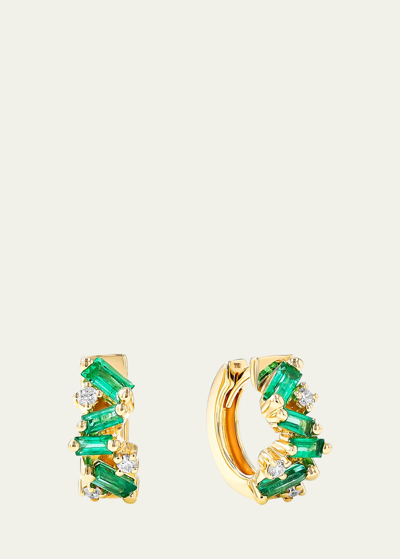 Shop Suzanne Kalan 18k Yellow Gold Fireworks Emerald & Diamond Huggie Earrings In Yg