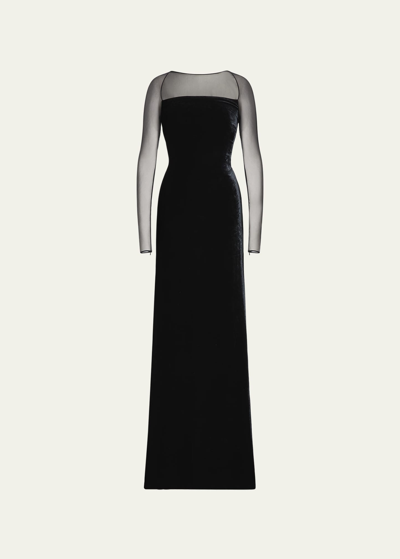 Shop Ralph Lauren Hartwell Velvet Column Gown With Tulle Sleeves In Black