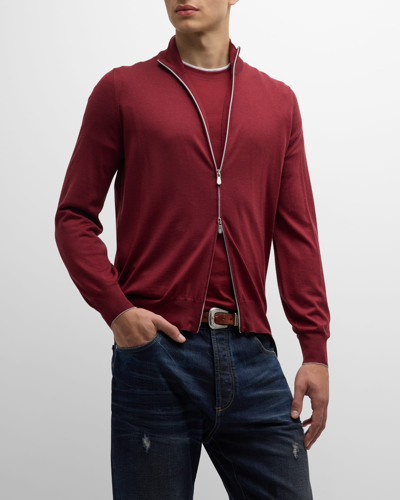 Shop Brunello Cucinelli Men's Wool-cashmere Full-zip Sweater In Navy