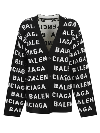 Shop Balenciaga Allover Logo Wool Cardigan In Black