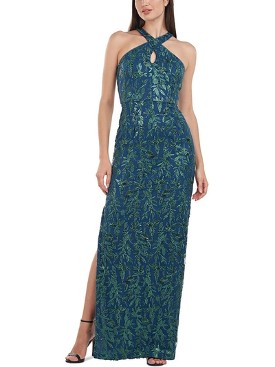 Shop Js Collections Rita Womens Mesh Embroidered Evening Dress In Blue