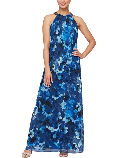 Shop Slny Womens Floral Print Maxi Evening Dress In Blue