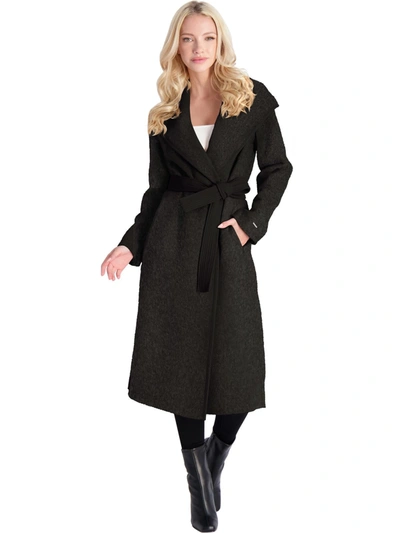 Shop Tahari Juliette Womens Wool Blend Faux Leather Trim Wool Coat In Grey